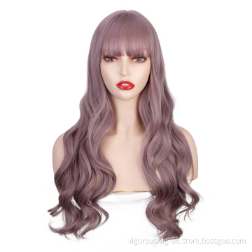 Vigorous Women's Purple Curly Long Wavy Wigs with Air Bangs Middle Part Synthetic Cosplay Wig for Girl Costume Wigs